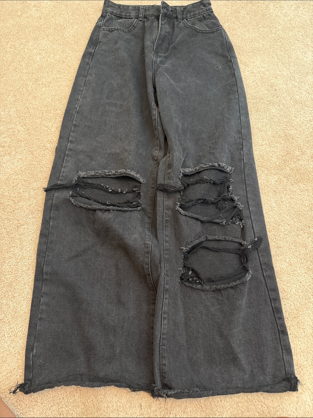 SHEIN Washed Black Distressed Wide-Leg Flare Jeans